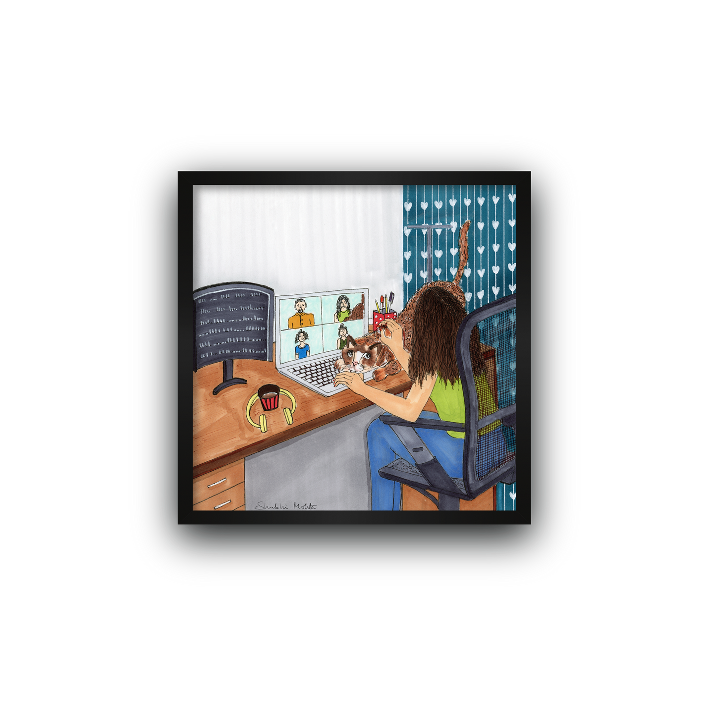 'Girl with Cat' Art Print. Find Comfort in Feline Companionship While Navigating Virtual Calls for Seamless Work from Home."