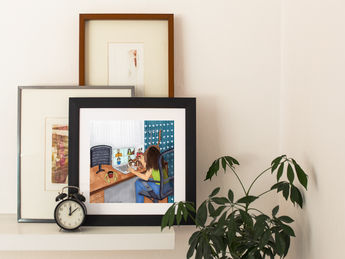 'Girl with Cat' Art Print. Find Comfort in Feline Companionship While Navigating Virtual Calls for Seamless Work from Home."