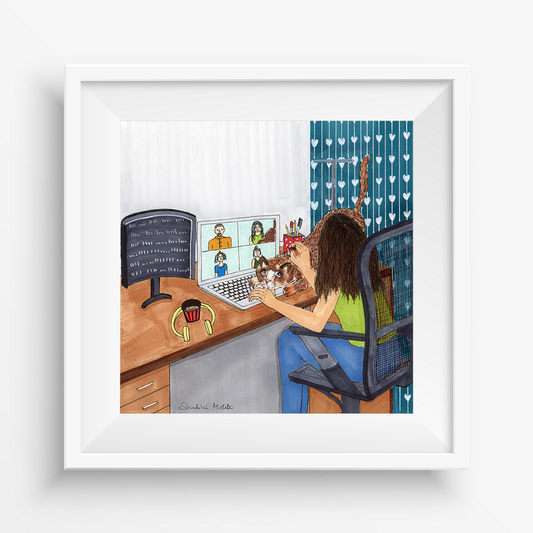 'Girl with Cat' Art Print. Find Comfort in Feline Companionship While Navigating Virtual Calls for Seamless Work from Home."