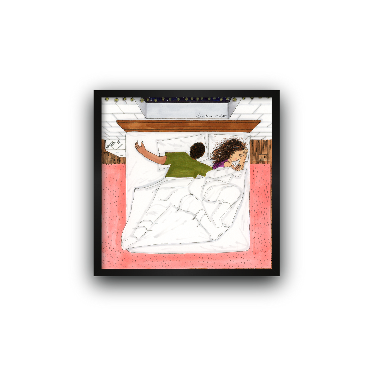 Explore 'Couple Illustration Art' Featuring a Husband's Bed Dominance. A Playful Depiction of the Cozy Moments Shared in Every Corner of the Heart.