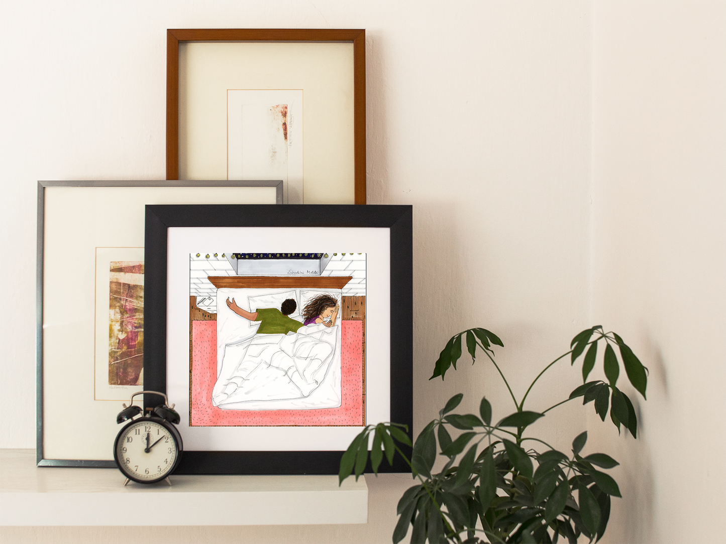 Explore 'Couple Illustration Art' Featuring a Husband's Bed Dominance. A Playful Depiction of the Cozy Moments Shared in Every Corner of the Heart.