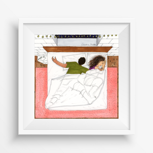 Explore 'Couple Illustration Art' Featuring a Husband's Bed Dominance. A Playful Depiction of the Cozy Moments Shared in Every Corner of the Heart.