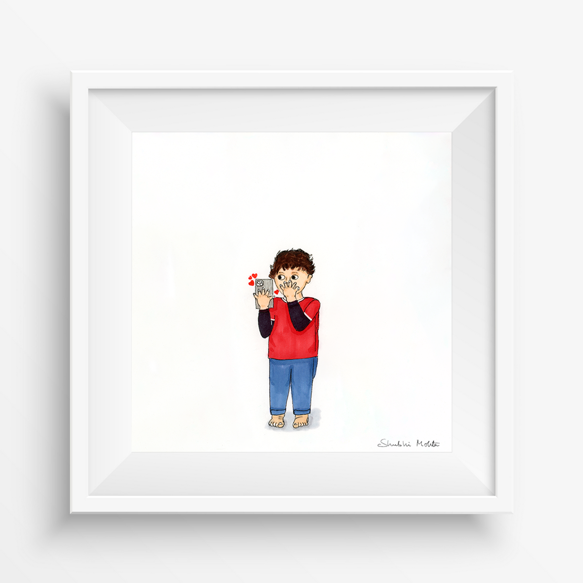 Capture the Sweetness of Virtual Connections with 'Kid Kissing Virtually Art Print.' Celebrate the Heartwarming Moments of Love and Togetherness in Art.