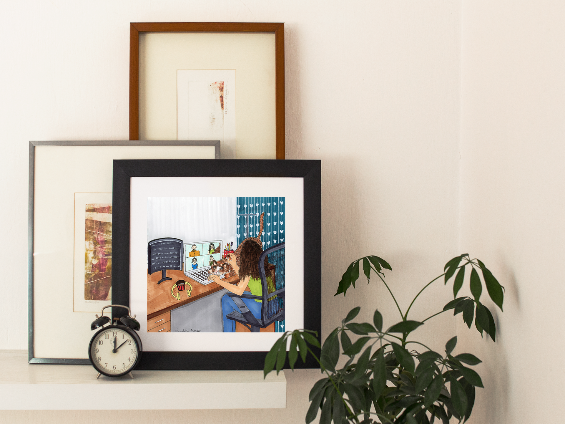 'Girl with Cat' Art Print. Find Comfort in Feline Companionship While Navigating Virtual Calls for Seamless Work from Home."