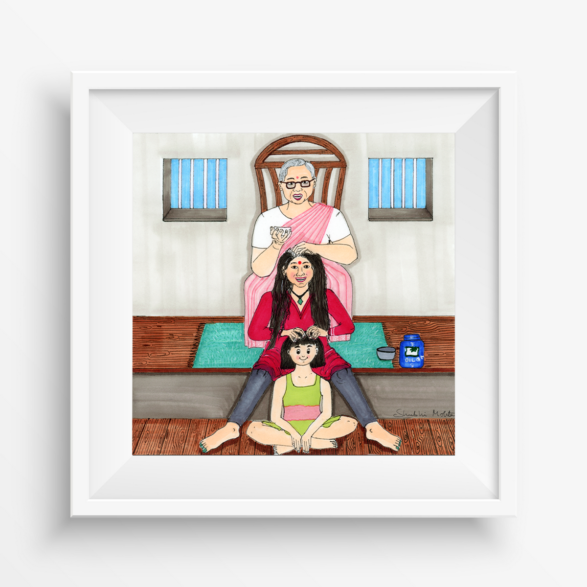 Embrace Generational Bonding with 'Head Oil Massage Art Print.Capturing the Timeless Rituals of Love, Care, and Tradition