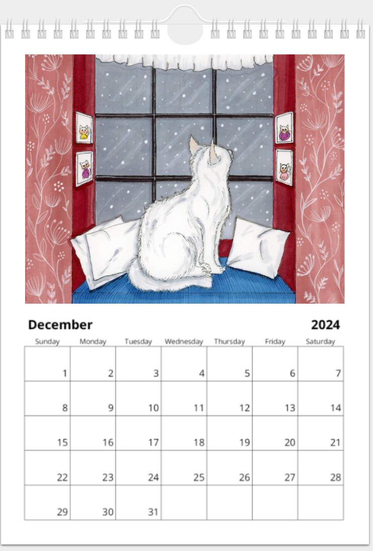 Art on calendar. December month with cat art. Perfect for cat lovers.