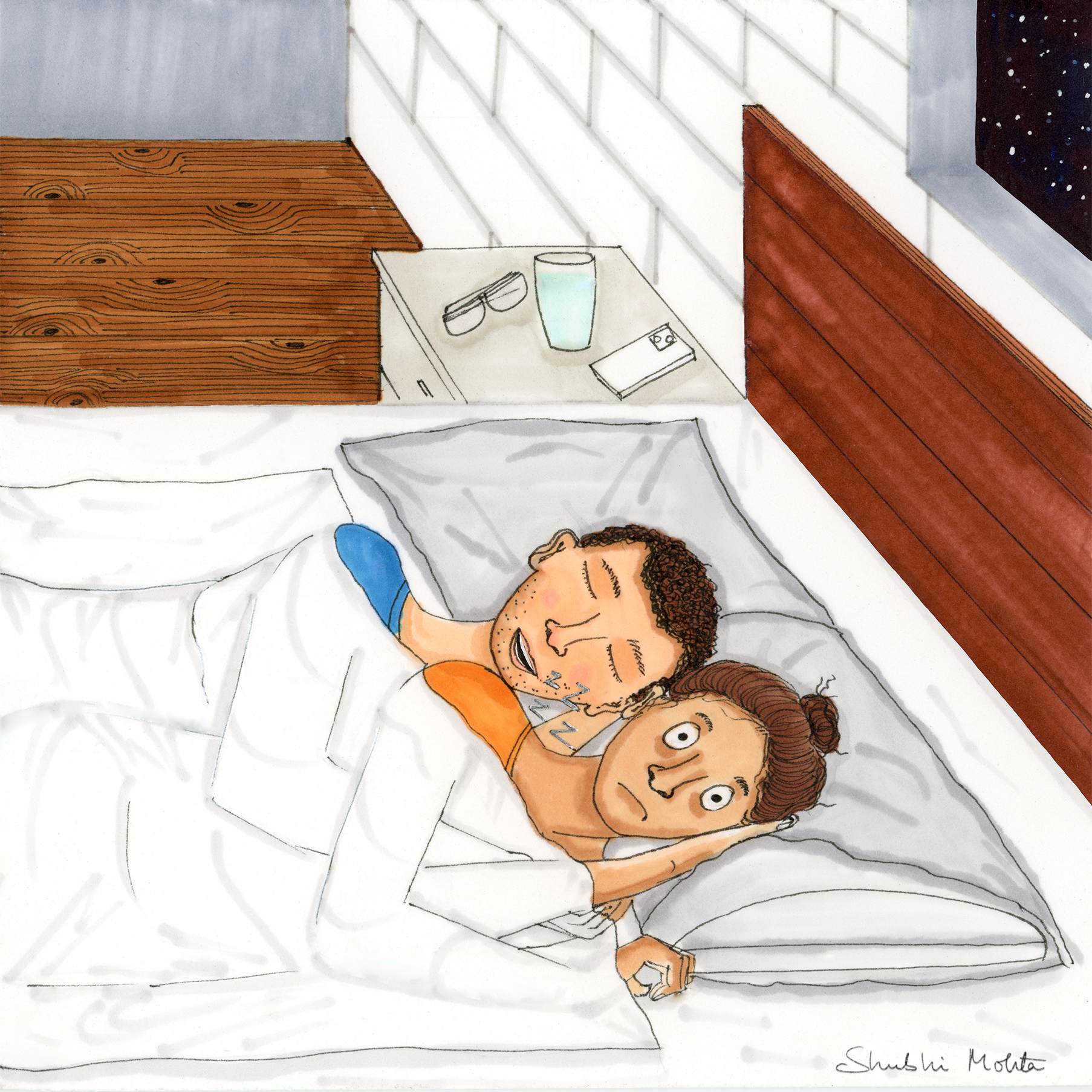 "Comic Couple Illustration: A Hilarious Peek into the Art of Love. Explore the Amusing World of Snoring Moments in this playful art."